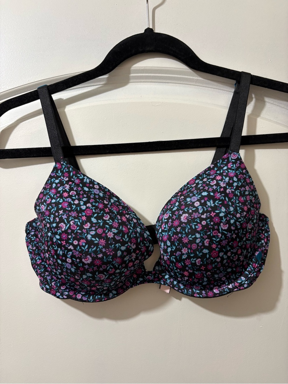 Victoria's Secret Black Floral Underwire Bra with Pink & Blue Flowers